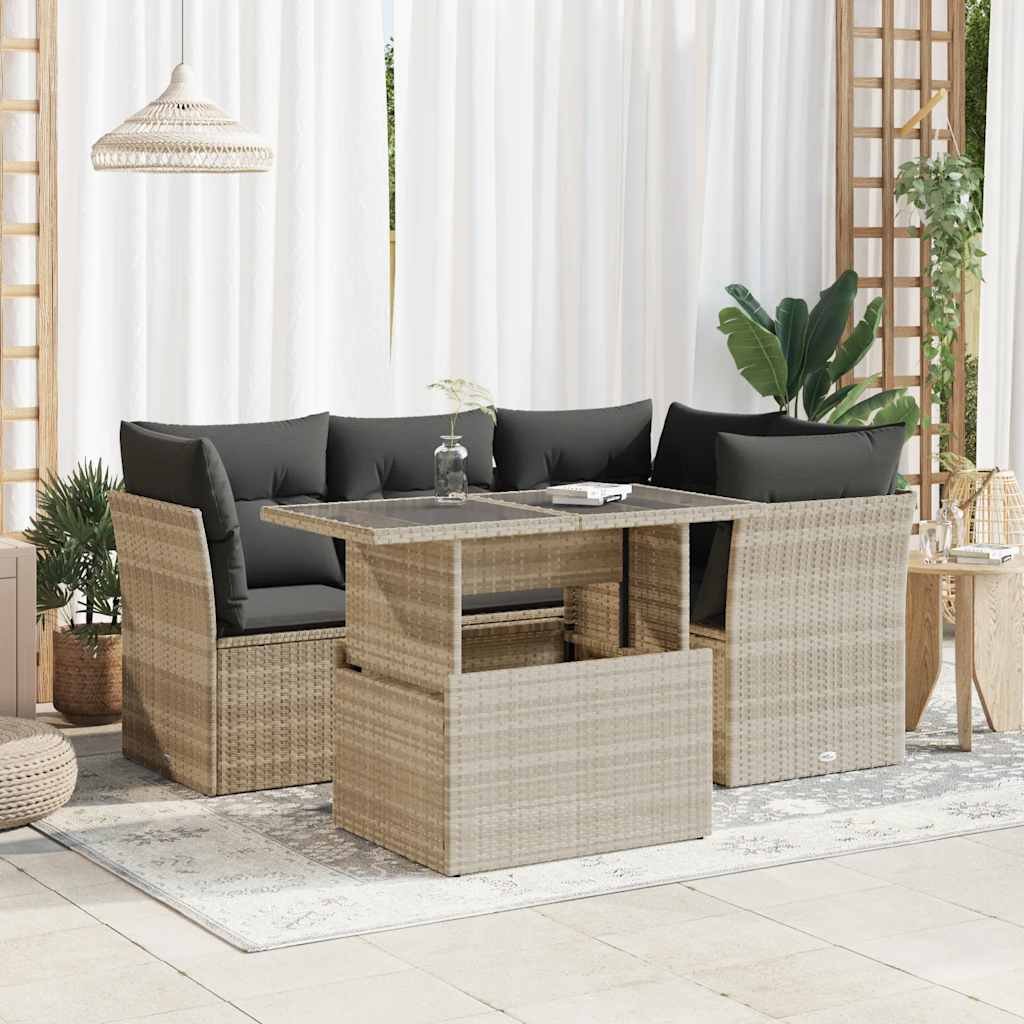 Set Divano da Giardino 5pz con Cuscini Grigio Chiaro Polyrattan