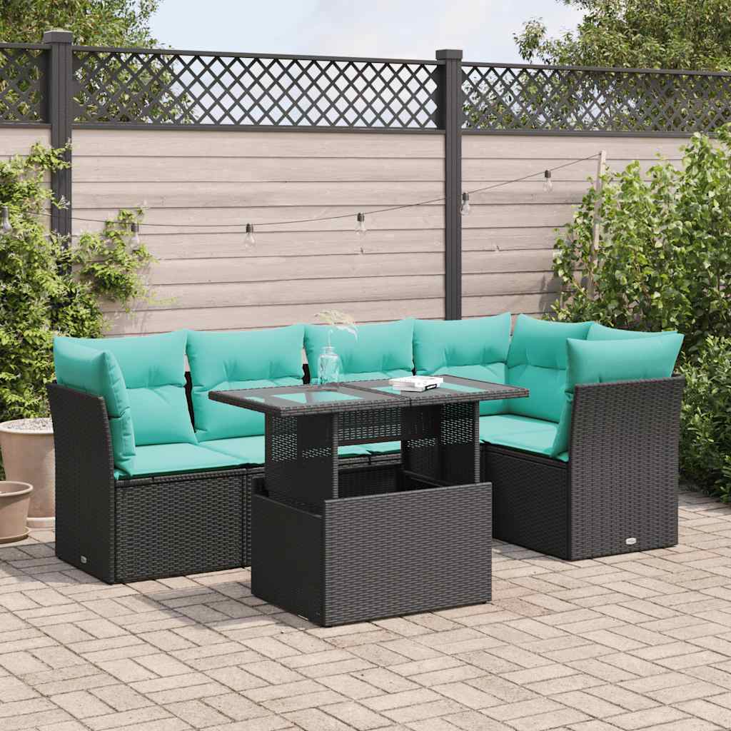 Set Divano da Giardino 6 pz con Cuscini Nero Polyrattan Acacia 3326158