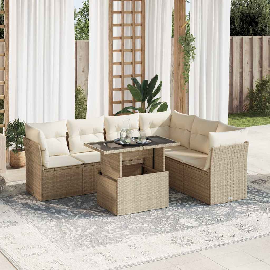 vidaXL Set Divani da Giardino 7 pz con Cuscini Beige in Polyrattan