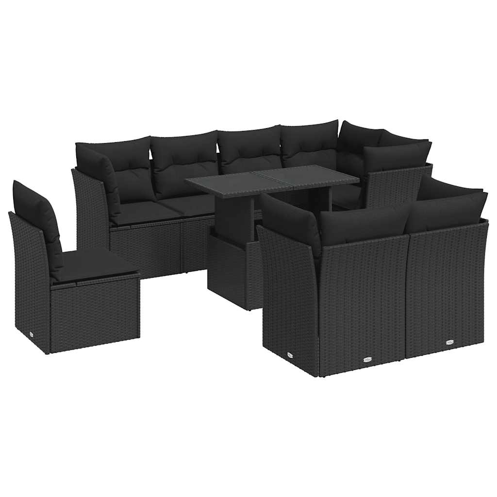 vidaXL Set Divani da Giardino 9 pz con Cuscini Nero in Polyrattan