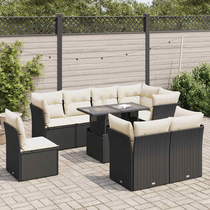 vidaXL Set Divani da Giardino 9 pz con Cuscini Nero in Polyrattan