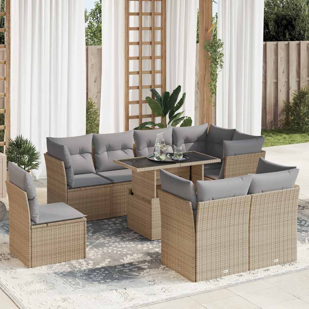 vidaXL Set Divano da Giardino 9 pz con Cuscini Beige in Polyrattan