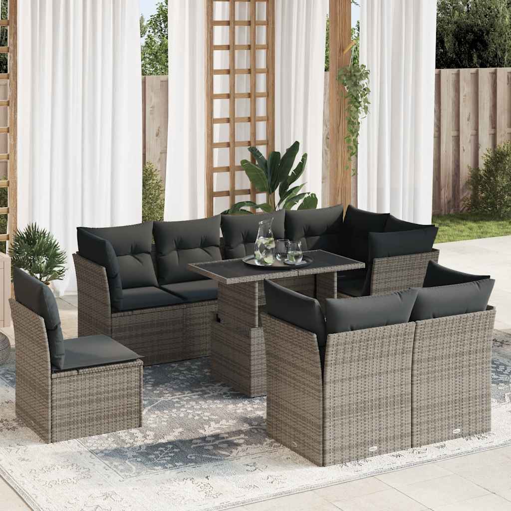 vidaXL Set Divano da Giardino 9 pz con Cuscini Grigio in Polyrattan
