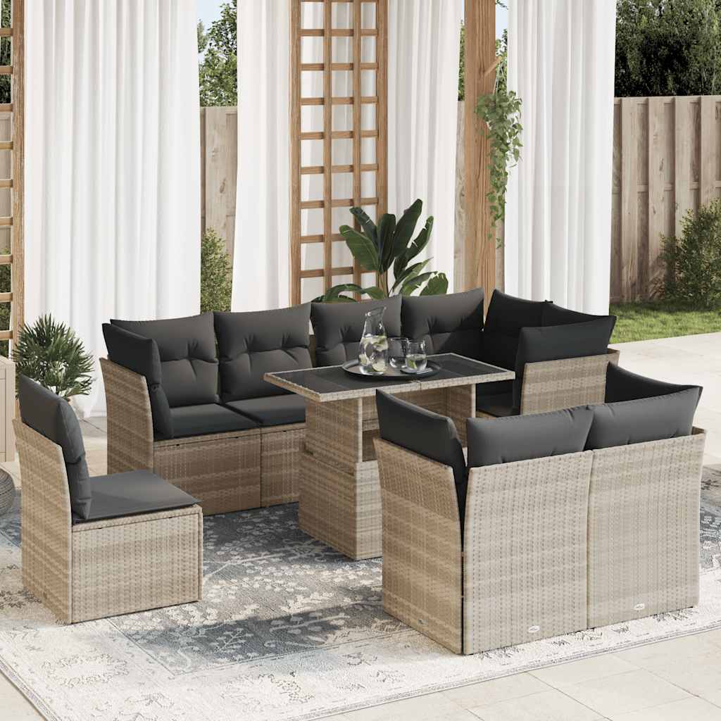 vidaXL Set Divano da Giardino 9pz con Cuscini Grigio Chiaro Polyrattan