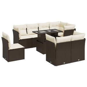 Set Divani da Giardino 9pz con Cuscini Marrone in Polyrattan