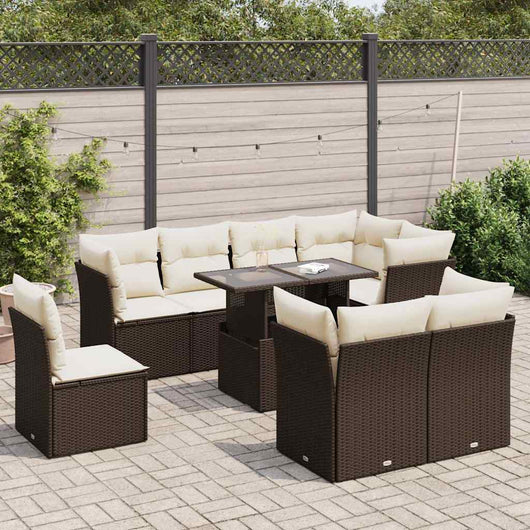 Set Divani da Giardino 9pz con Cuscini Marrone in Polyrattan