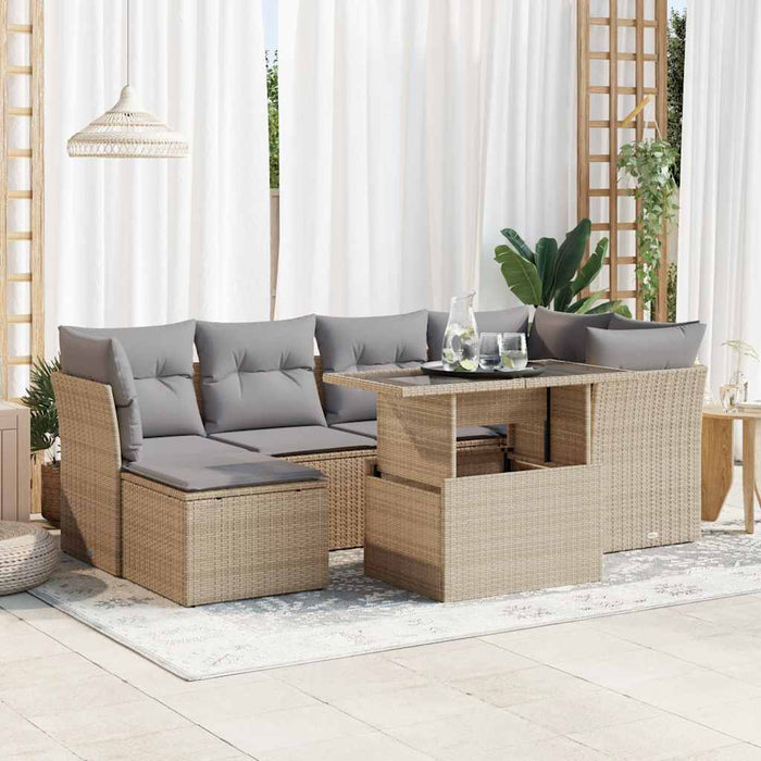 Set Divani da Giardino 7 pz con Cuscini Beige in Polyrattan