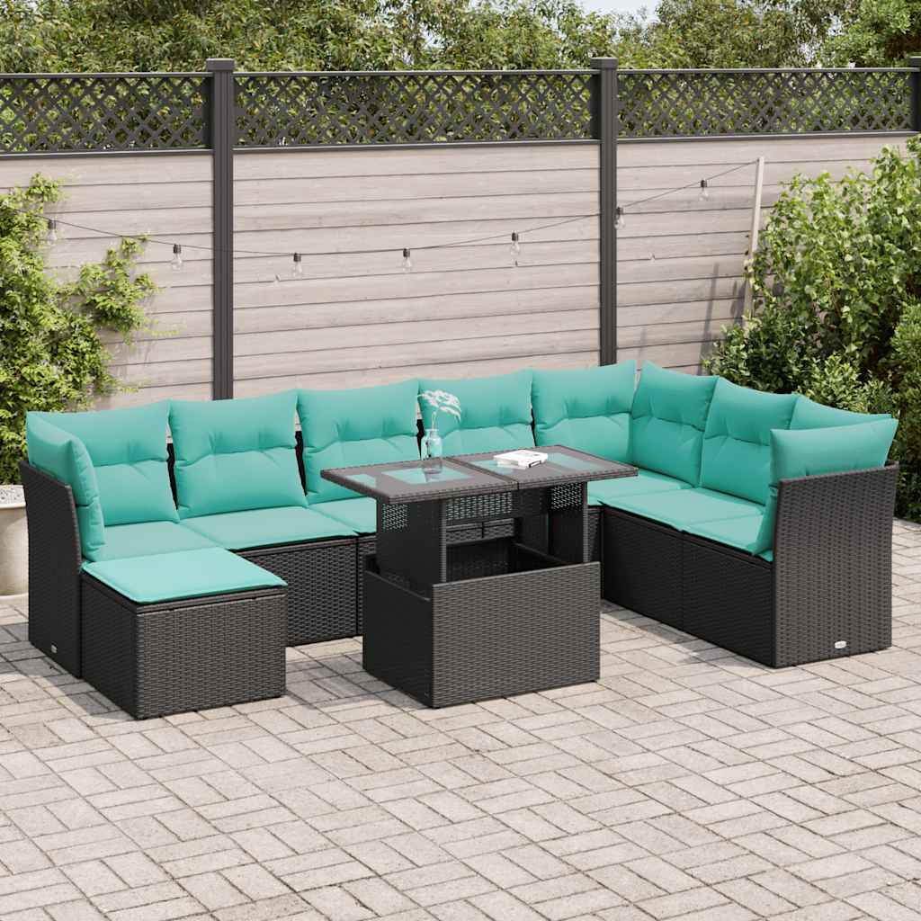 Set Divani da Giardino 9 pz con Cuscini Nero Polyrattan Acacia 3326208