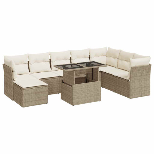 Set Divano da Giardino 9 pz con Cuscini Beige in Polyrattan