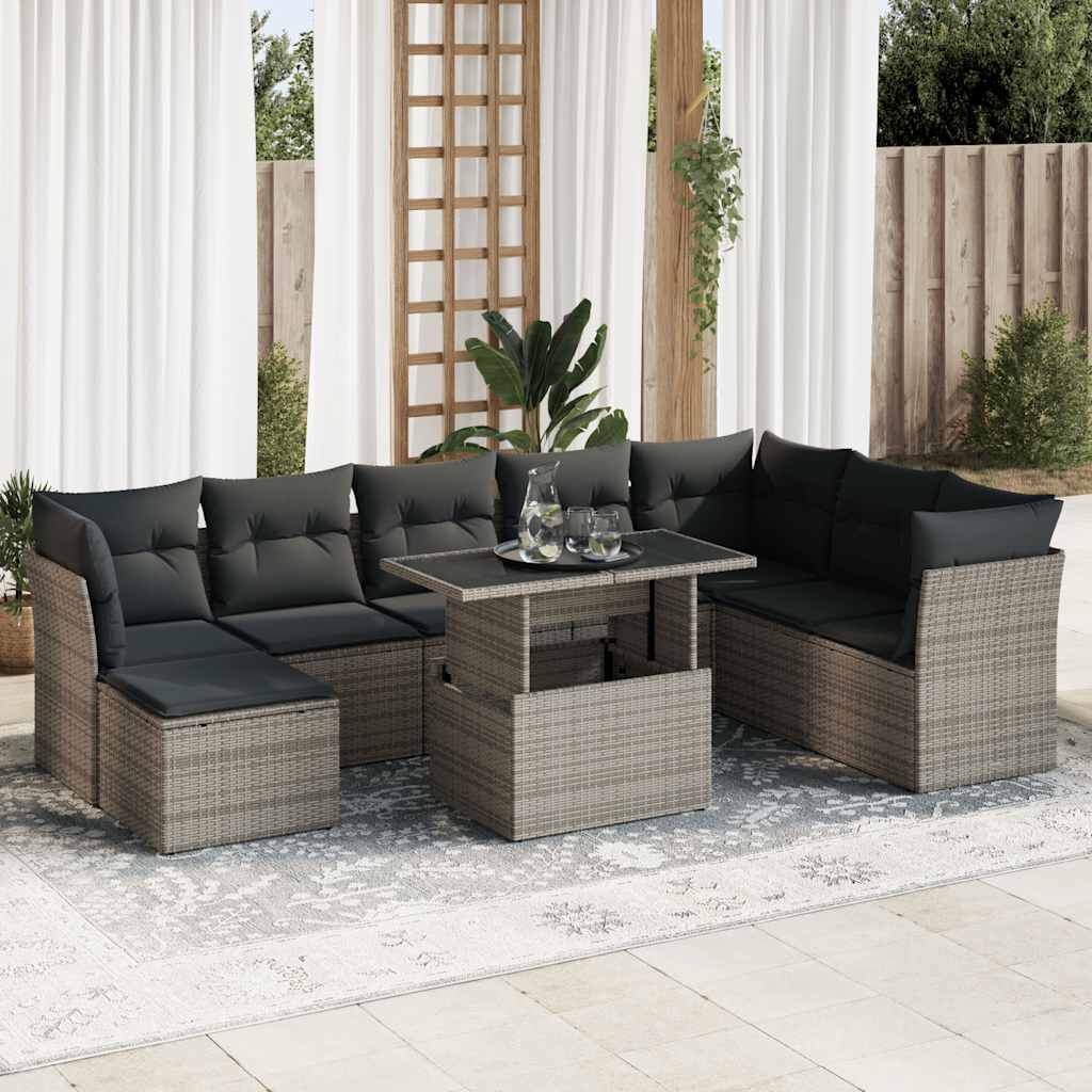vidaXL Set Divano da Giardino 9 pz con Cuscini Grigio in Polyrattan