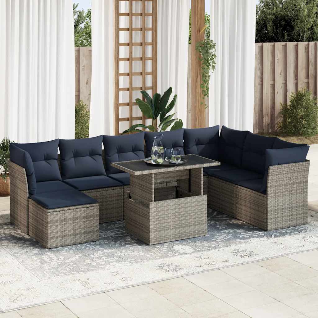vidaXL Set Divano da Giardino 9pz con Cuscini Grigio Polyrattan Acacia