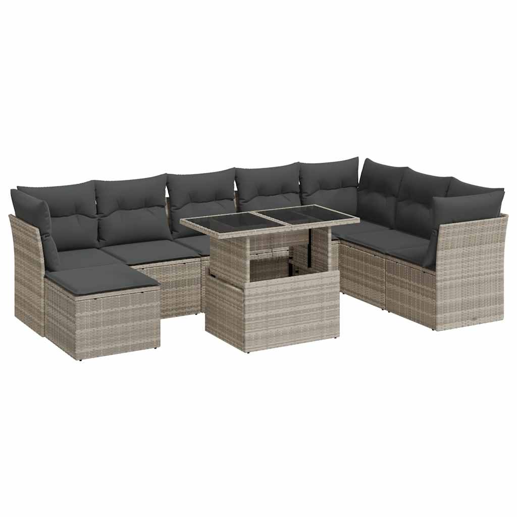vidaXL Set Divano da Giardino 9pz con Cuscini Grigio Chiaro Polyrattan