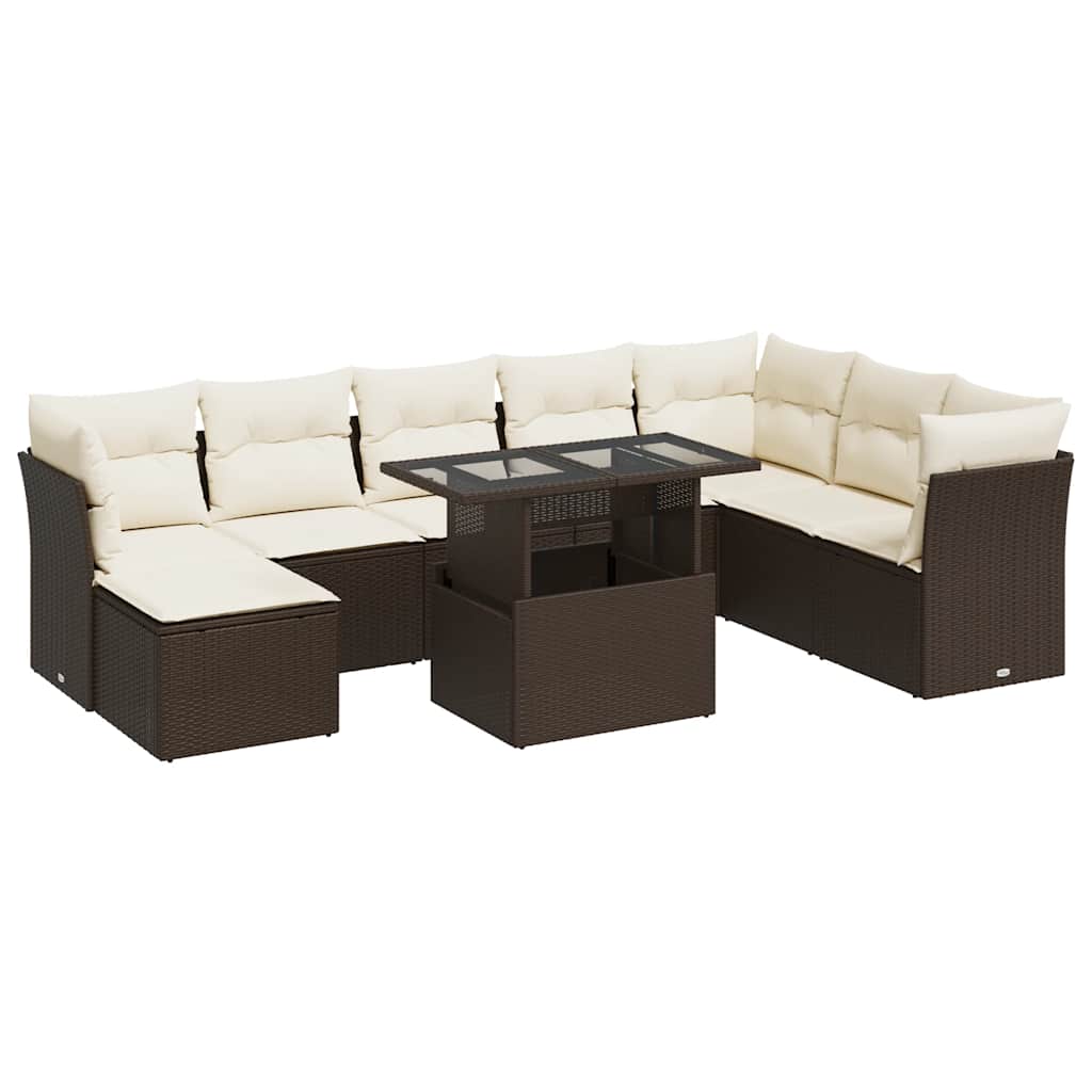 Set Divani da Giardino 9pz con Cuscini Marrone in Polyrattan