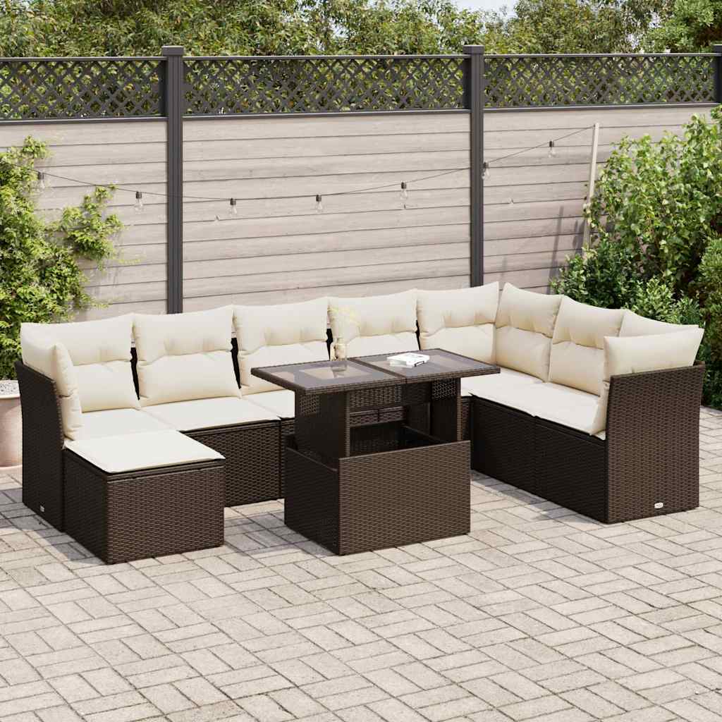 Set Divani da Giardino 9pz con Cuscini Marrone in Polyrattan