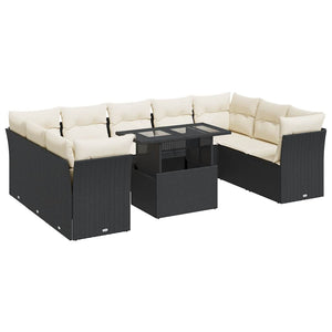 Set Divani da Giardino 10pz con Cuscini in Polyrattan Nero