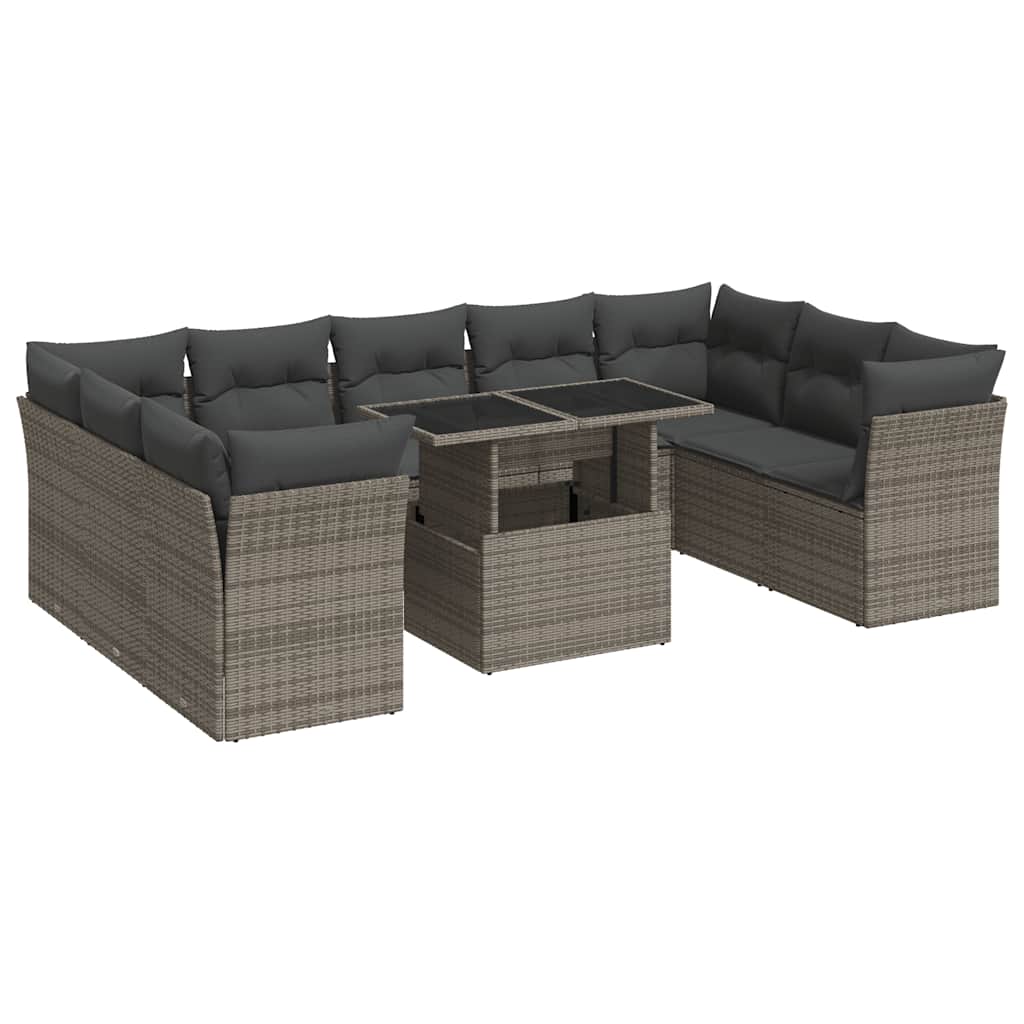 Set Divano da Giardino 10 pz con Cuscini Grigio in Polyrattan