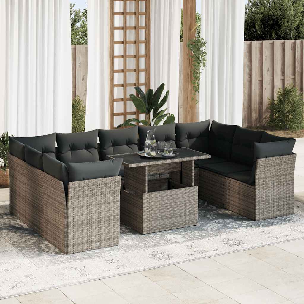 Set Divano da Giardino 10 pz con Cuscini Grigio in Polyrattan