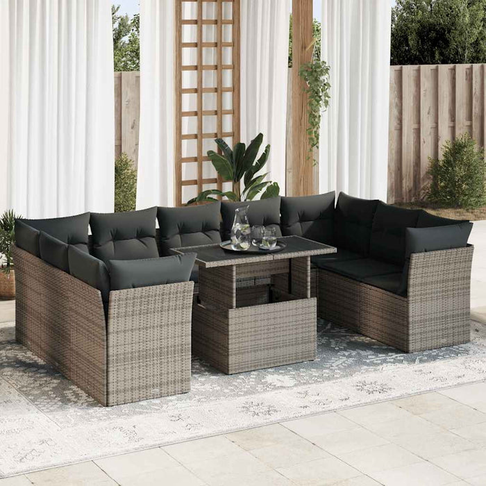 Set Divano da Giardino 10 pz con Cuscini Grigio in Polyrattan