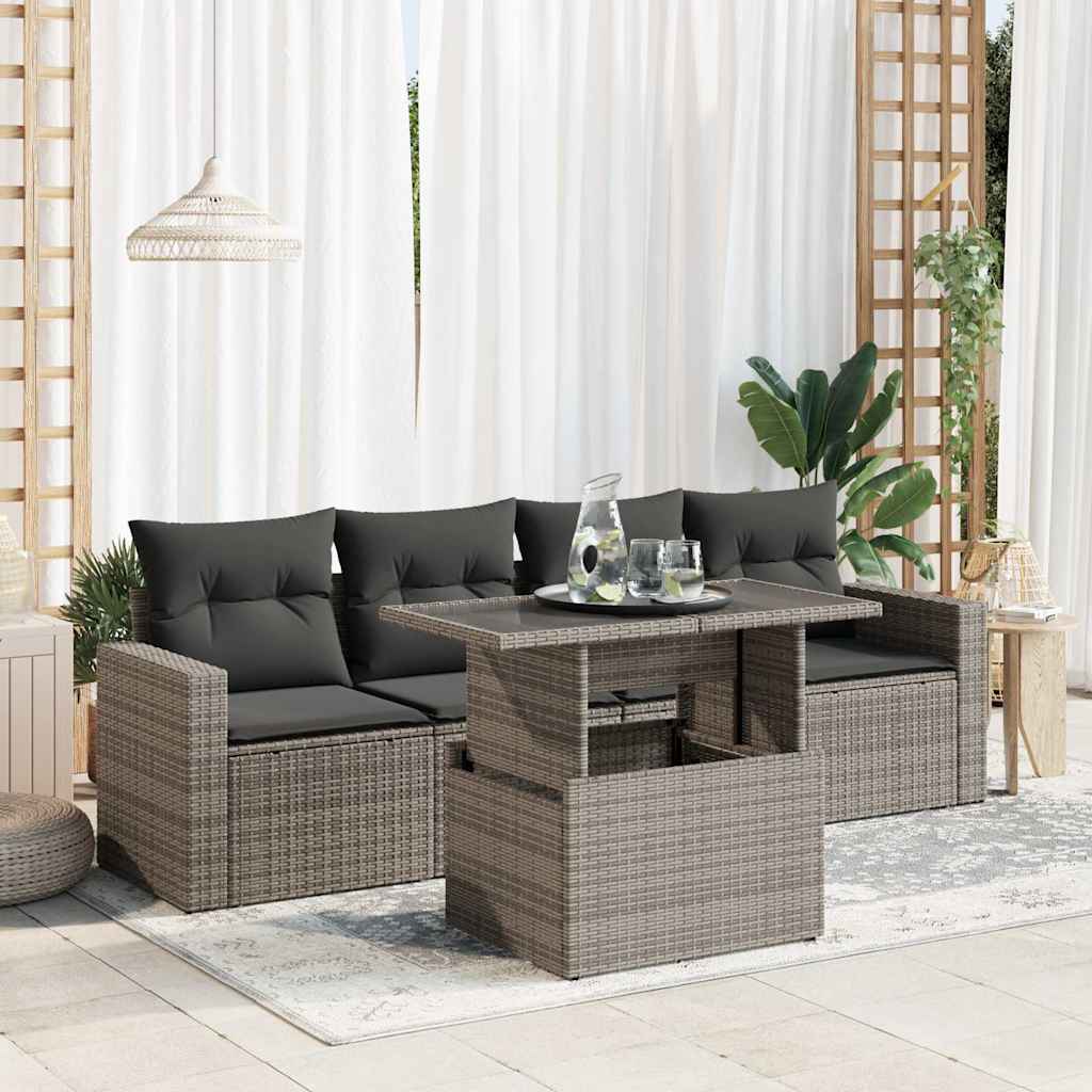 Set Divano da Giardino 5 pz con Cuscini Grigio in Polyrattan