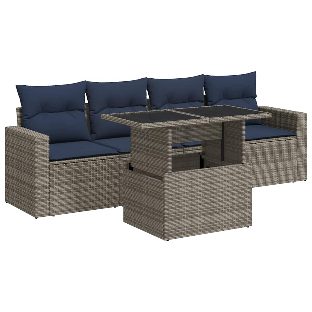 Set Divano Giardino 5 pz con Cuscini Grigio Polyrattan Acacia