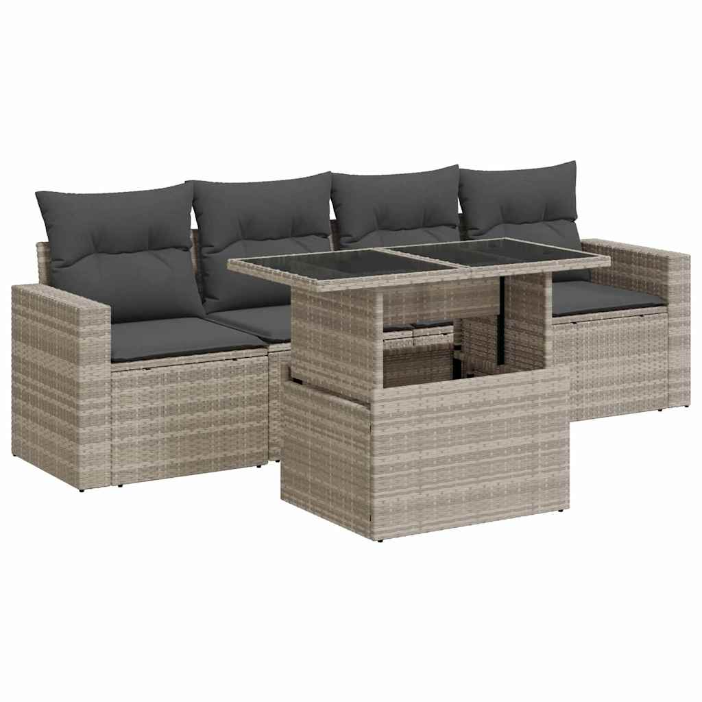Set Divano da Giardino 5pz con Cuscini Grigio Chiaro Polyrattan