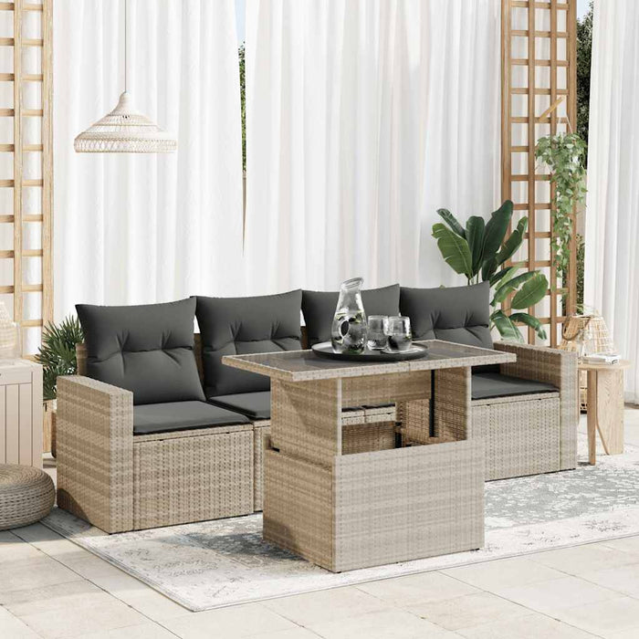 Set Divano da Giardino 5pz con Cuscini Grigio Chiaro Polyrattan