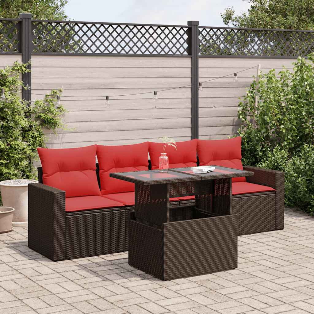 vidaXL Set Divano da Giardino 5 pz Cuscini Marrone Polyrattan e Acacia