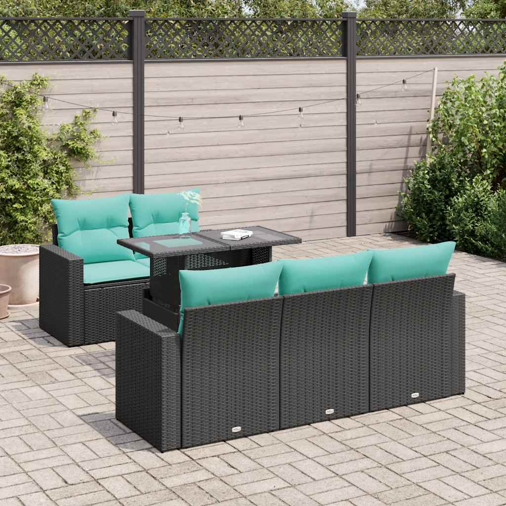 Set Divano da Giardino 6 pz con Cuscini Nero Polyrattan Acacia 3326248
