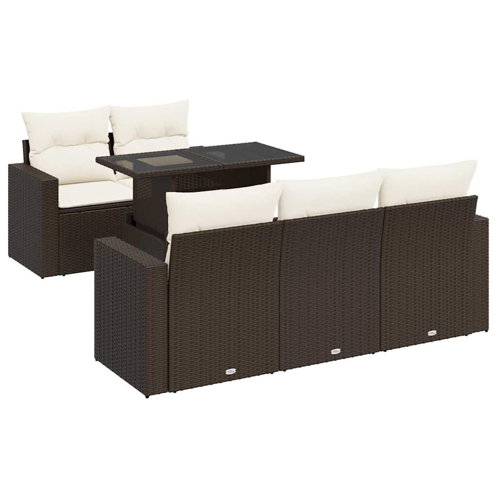 Set Divano da Giardino 6 pz con Cuscini Marrone in Polyrattan