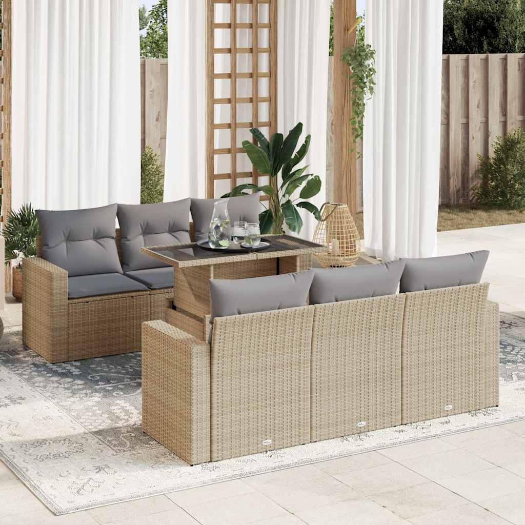 Set Divani da Giardino 7 pz con Cuscini Beige in Polyrattan