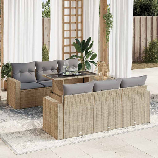 Set Divani da Giardino 7 pz con Cuscini Beige in Polyrattan