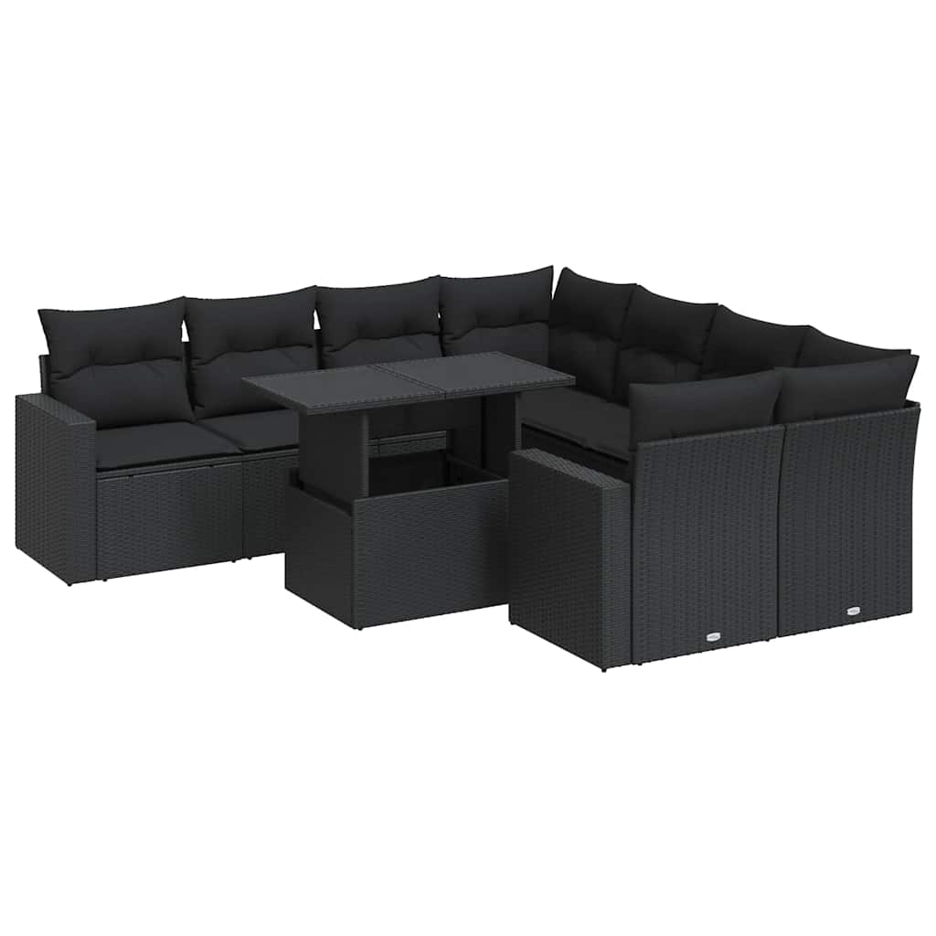 vidaXL Set Divani da Giardino 9 pz con Cuscini Nero in Polyrattan