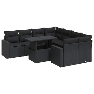 vidaXL Set Divani da Giardino 9 pz con Cuscini Nero in Polyrattan