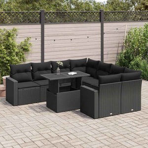 vidaXL Set Divani da Giardino 9 pz con Cuscini Nero in Polyrattan