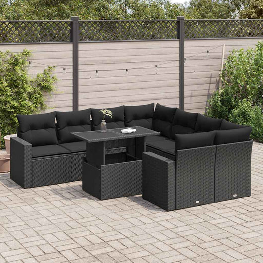 vidaXL Set Divani da Giardino 9 pz con Cuscini Nero in Polyrattan