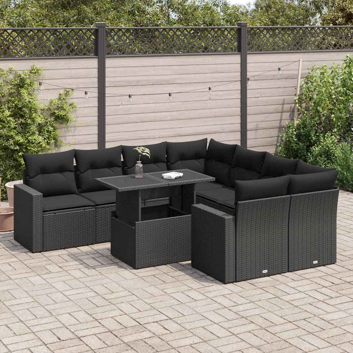 vidaXL Set Divani da Giardino 9 pz con Cuscini Nero in Polyrattan