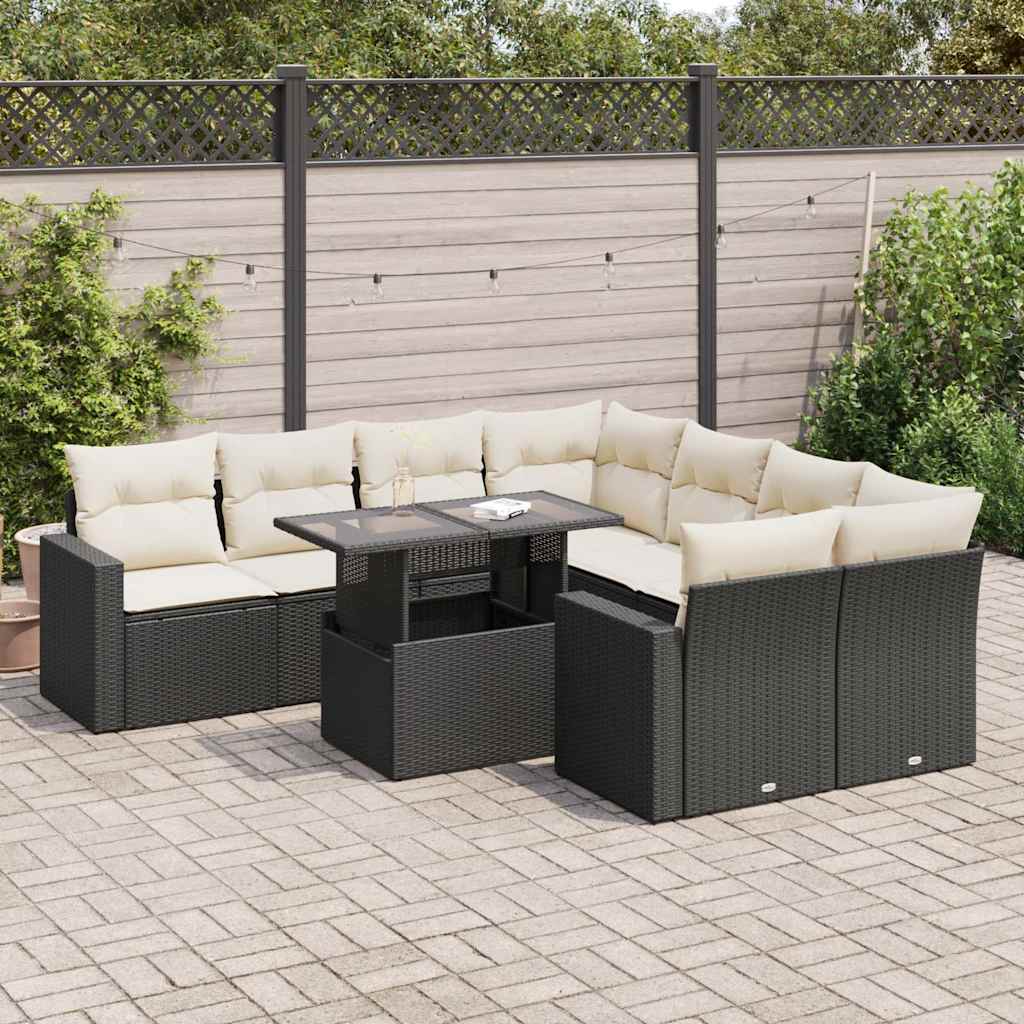 vidaXL Set Divani da Giardino 9 pz con Cuscini Nero in Polyrattan