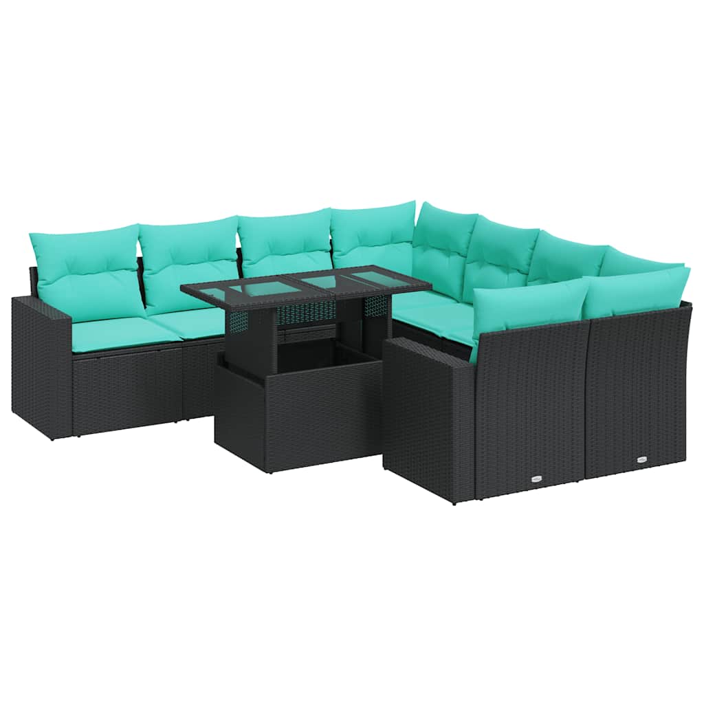Set Divani da Giardino 9 pz con Cuscini Nero Polyrattan Acacia 3326288