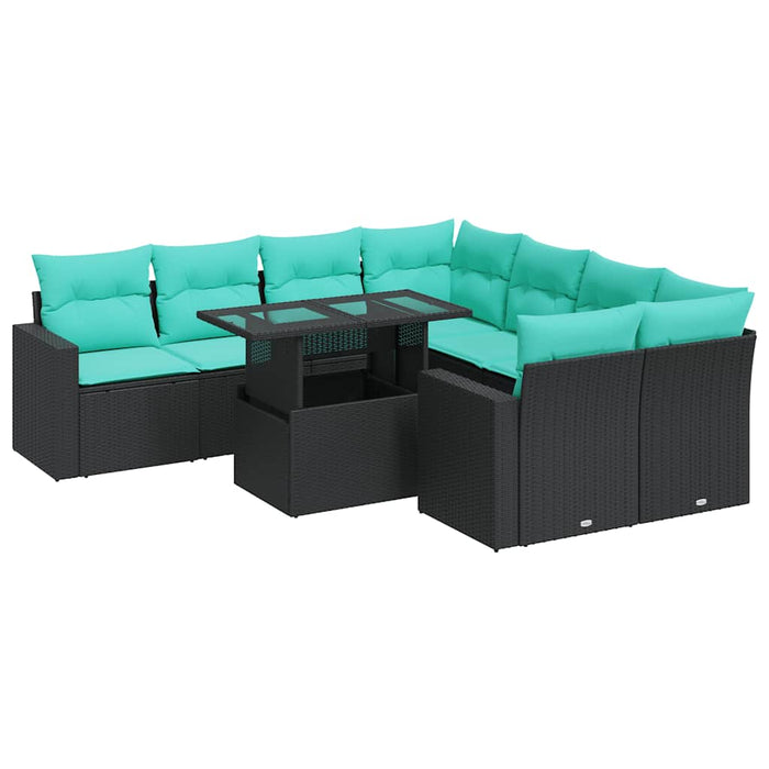 Set Divani da Giardino 9 pz con Cuscini Nero Polyrattan Acacia 3326288