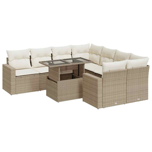 Set Divano da Giardino 9 pz con Cuscini Beige in Polyrattan
