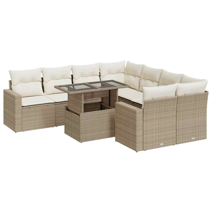 Set Divano da Giardino 9 pz con Cuscini Beige in Polyrattan