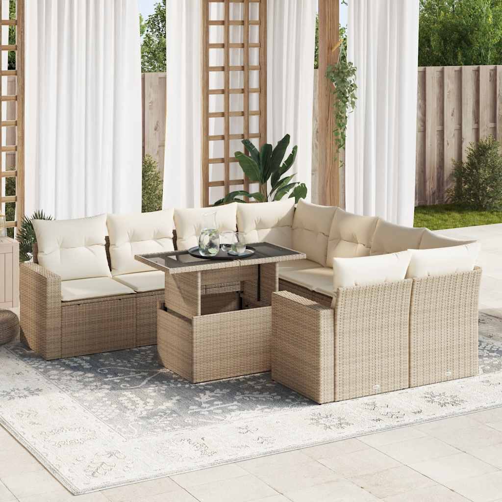 Set Divano da Giardino 9 pz con Cuscini Beige in Polyrattan