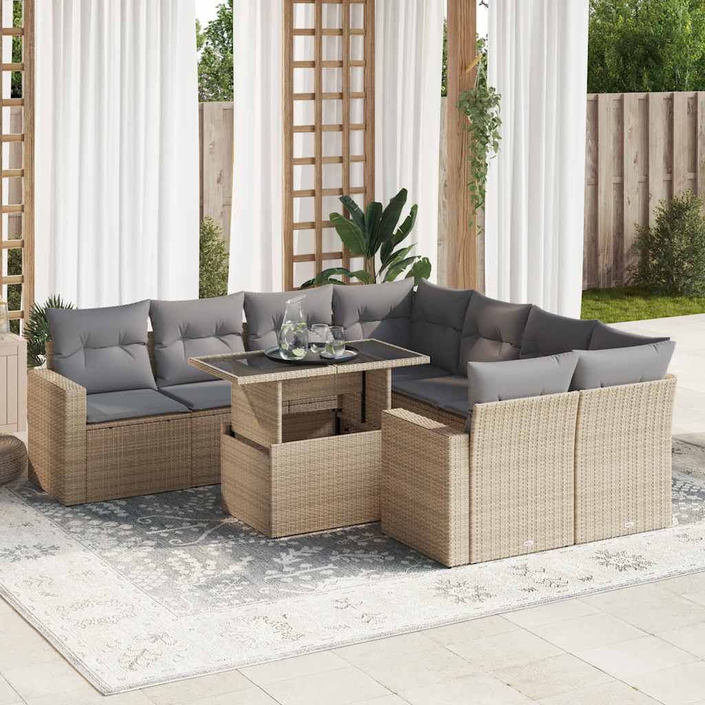 vidaXL Set Divano da Giardino 9 pz con Cuscini Beige in Polyrattan