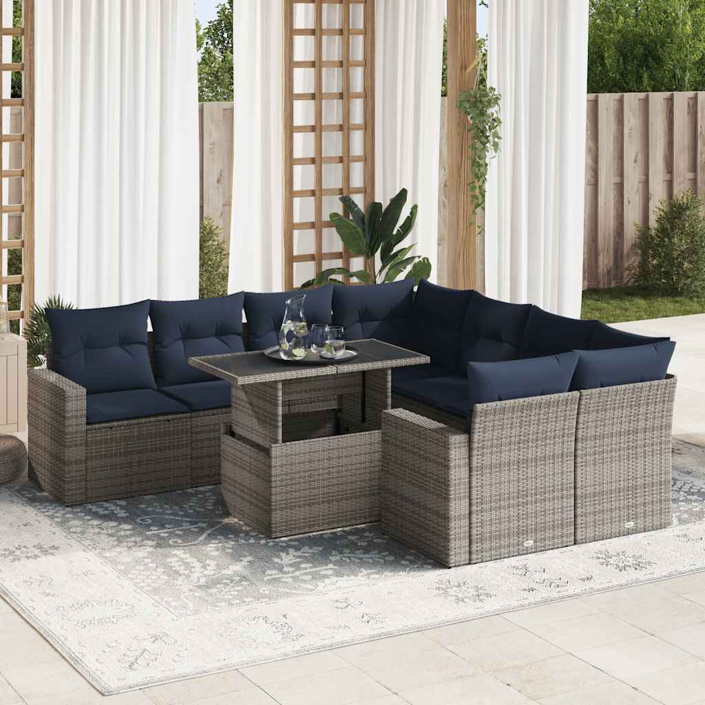 vidaXL Set Divano da Giardino 9pz con Cuscini Grigio Polyrattan Acacia