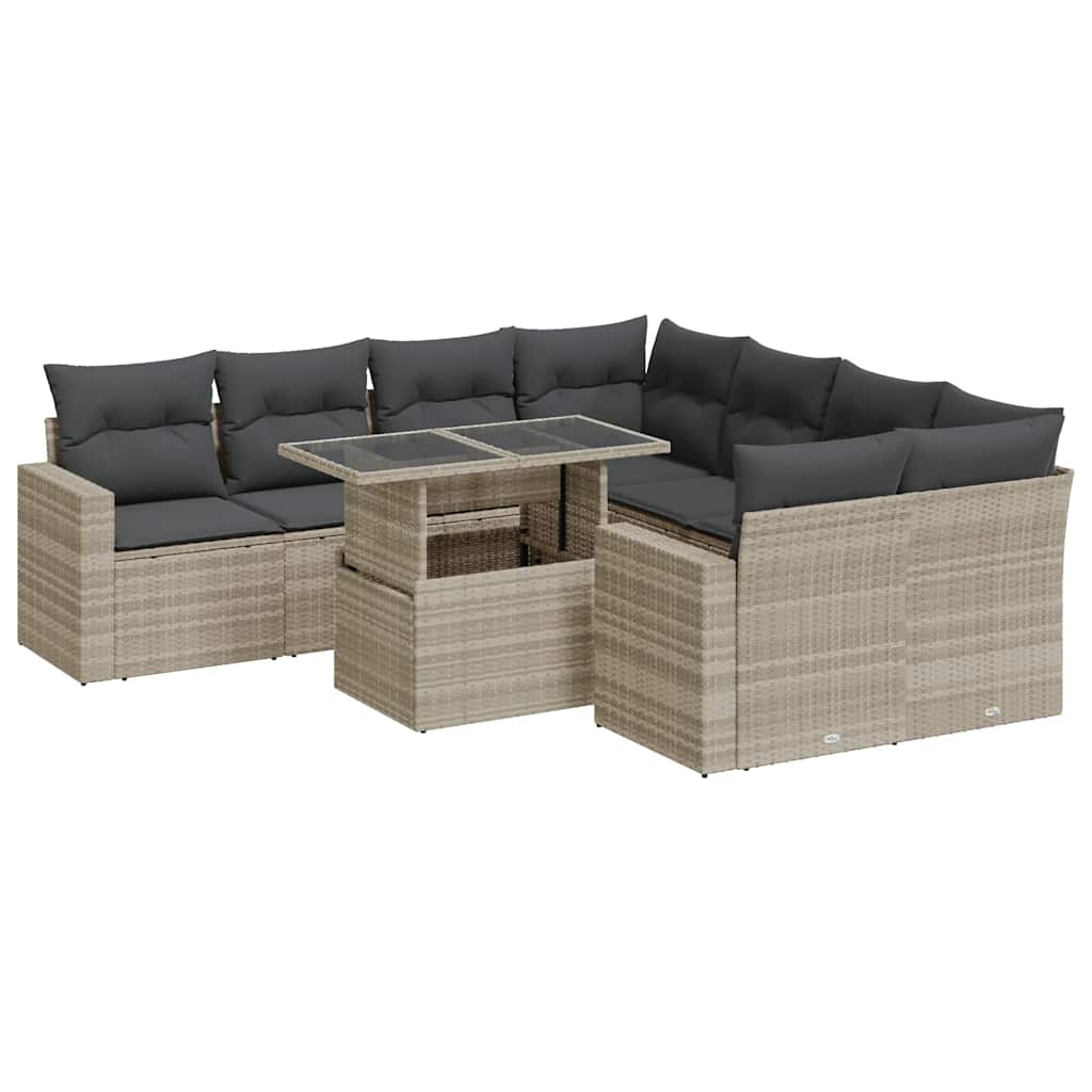 vidaXL Set Divano da Giardino 9pz con Cuscini Grigio Chiaro Polyrattan