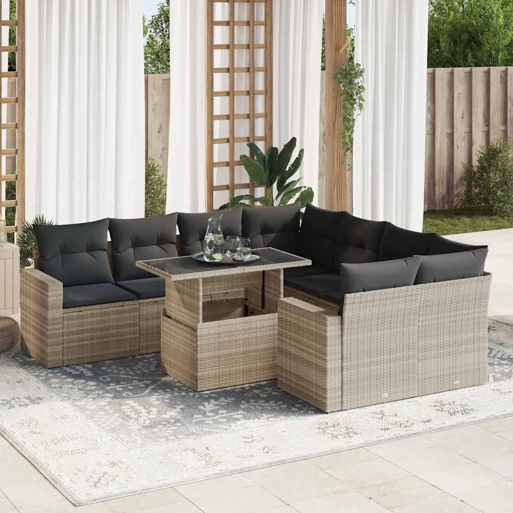 vidaXL Set Divano da Giardino 9pz con Cuscini Grigio Chiaro Polyrattan