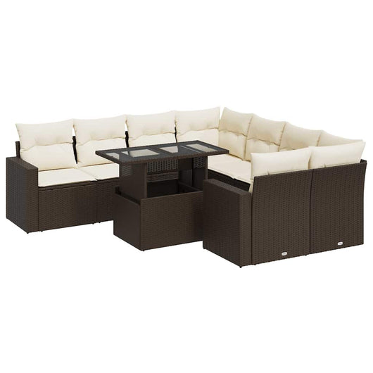 Set Divani da Giardino 9pz con Cuscini Marrone in Polyrattan