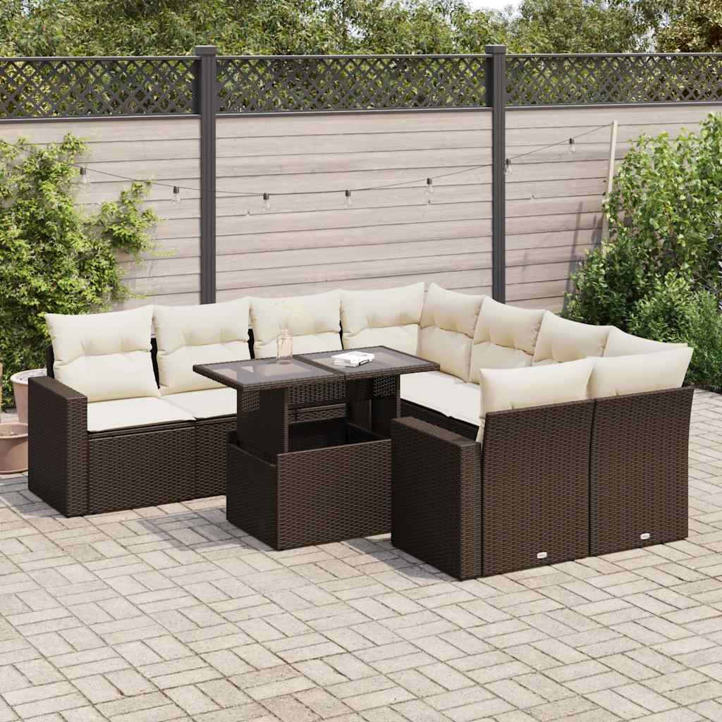 Set Divani da Giardino 9pz con Cuscini Marrone in Polyrattan