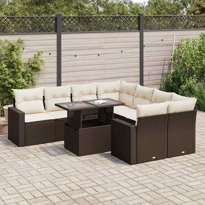 Set Divani da Giardino 9pz con Cuscini Marrone in Polyrattan