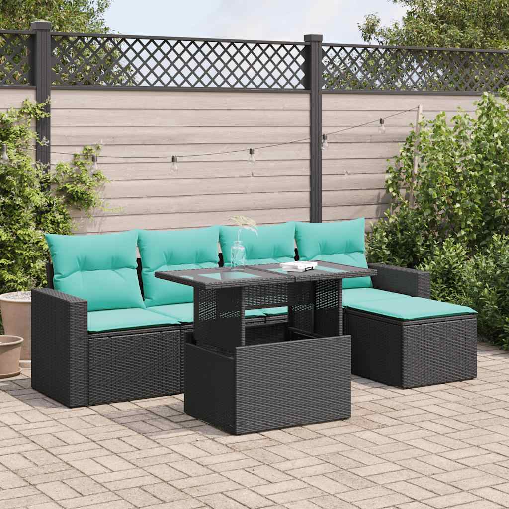 Set Divano da Giardino 6 pz con Cuscini Nero Polyrattan Acacia 3326298